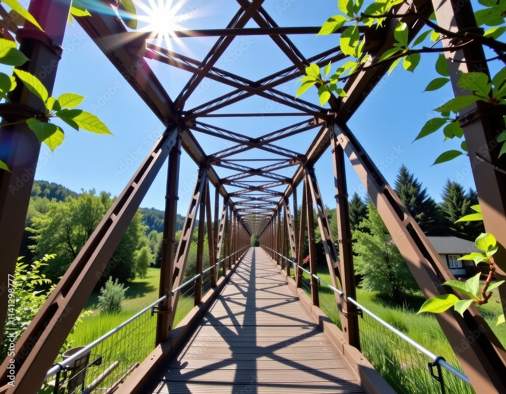 A sweeping outdoor scene frames a sturdy brown metal truss bridge, its wooden walkway stretching across a tranquil landscape, flanked by metal railings and fences A sweeping outdoor scene frames a sturdy brown metal truss bridge, its wooden walkway stretching across a tranquil landscape, flanked by metal railings and fences