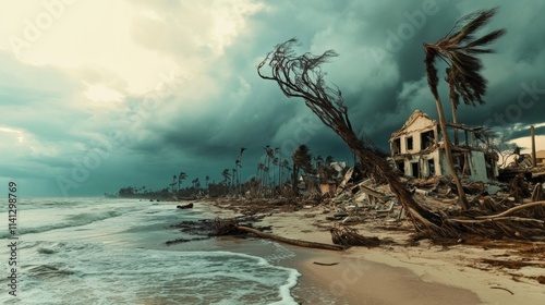 Obraz na płótnie Storm-ravaged coastal house ruins, bent trees, ocean waves. w salonie