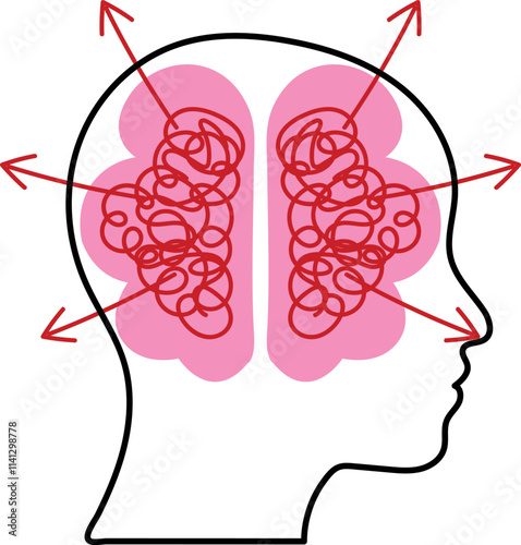 Human Brain with Tangled Thoughts and Arrows Pointing in Different Directions
