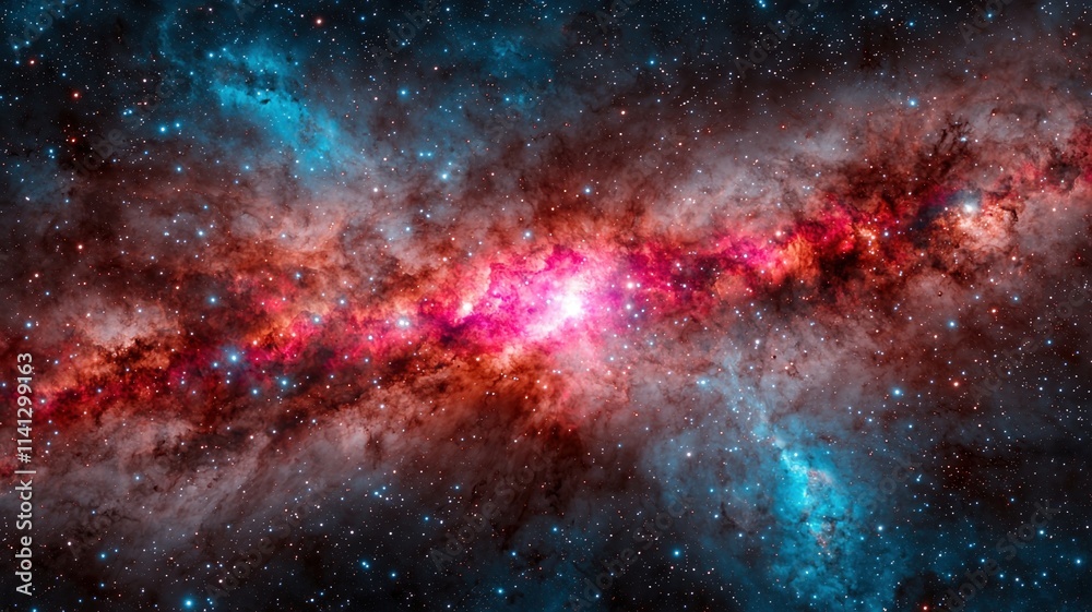 Obraz premium galactic center energy concept. A stunning cosmic scene featuring vibrant colors of pink, blue, and red, depicting a galaxy filled with stars and interstellar clouds.