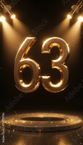 A golden number 63 shines on a sparkling stage, illuminated by spotlights, creating a luxurious and celebratory atmosphere. photo