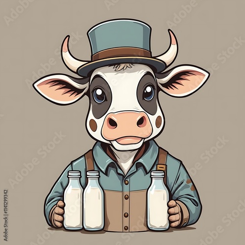 A cow dressed as a milkman with a hat and milk bottles vector line