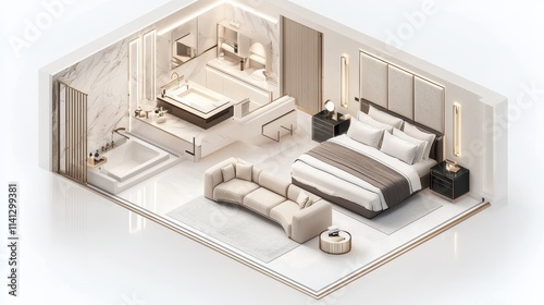 A clean and modern 3D isometric design of a luxury hotel suite, isolated on white. The layout features a living space with a plush sofa, a spacious bedroom with a king-sized bed, and an en-suite 