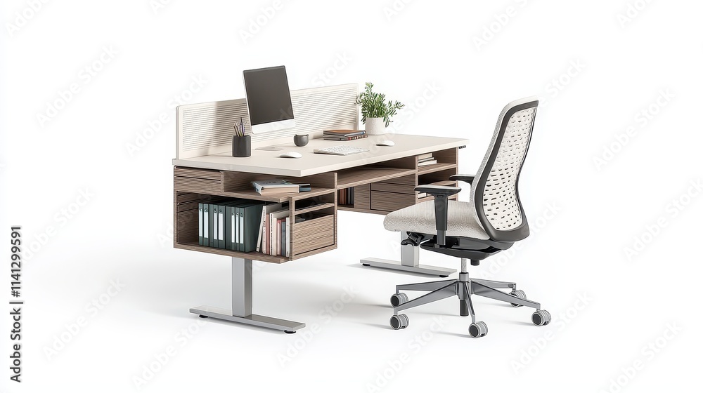 A clean and sleek 3D isometric home office interior, isolated on a white background, featuring a contemporary desk with hidden storage, a comfortable ergonomic chair, and built-in shelving for A clean and sleek 3D isometric home office interior, isolated on a white background, featuring a contemporary desk with hidden storage, a comfortable ergonomic chair, and built-in shelving for