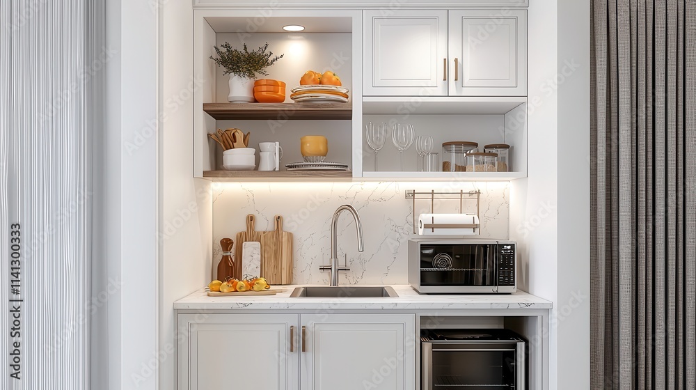 A compact kitchenette design on a white background, featuring modern cabinetry, a small marble countertop with a sink, and built-in appliances. Stylish open shelving with neatly placed decor A compact kitchenette design on a white background, featuring modern cabinetry, a small marble countertop with a sink, and built-in appliances. Stylish open shelving with neatly placed decor