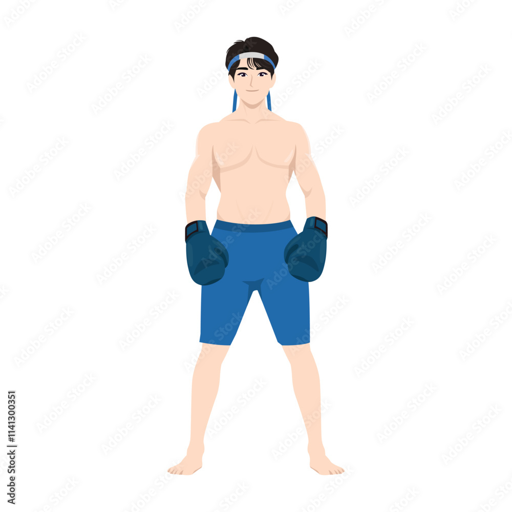Muay Thai man kicking and fighting, Thai boxing. Flat Vector character illustration Muay Thai man kicking and fighting, Thai boxing. Flat Vector character illustration