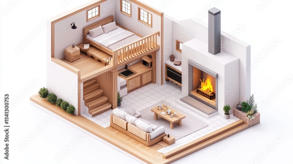 A cozy and functional 3D isometric layout of a modern cabin interior, isolated on a white background. The space features an open-plan living area with a fireplace, a loft bedroom with a cozy A cozy and functional 3D isometric layout of a modern cabin interior, isolated on a white background. The space features an open-plan living area with a fireplace, a loft bedroom with a cozy