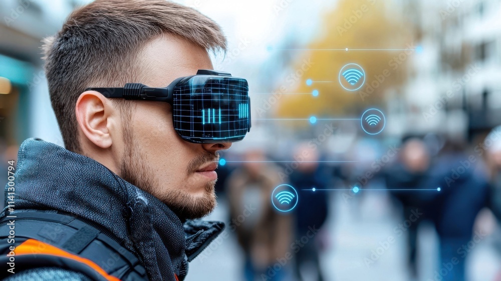 Man wearing a virtual reality headset exploring a futuristic digital world filled with advanced technology innovation and endless possibilities Man wearing a virtual reality headset exploring a futuristic digital world filled with advanced technology innovation and endless possibilities