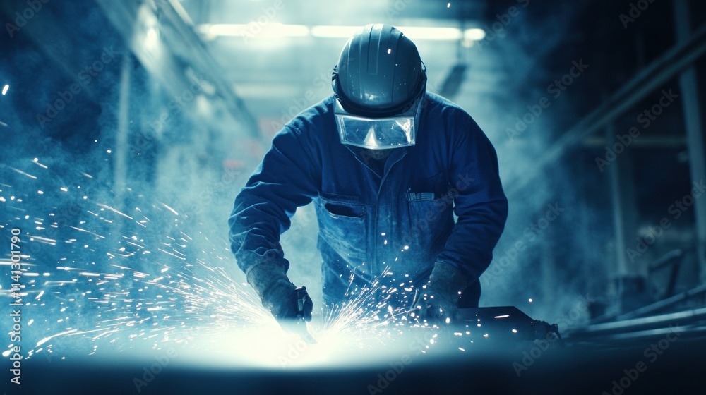 Metalworker sparks fly welding in factory. Metalworker sparks fly welding in factory.