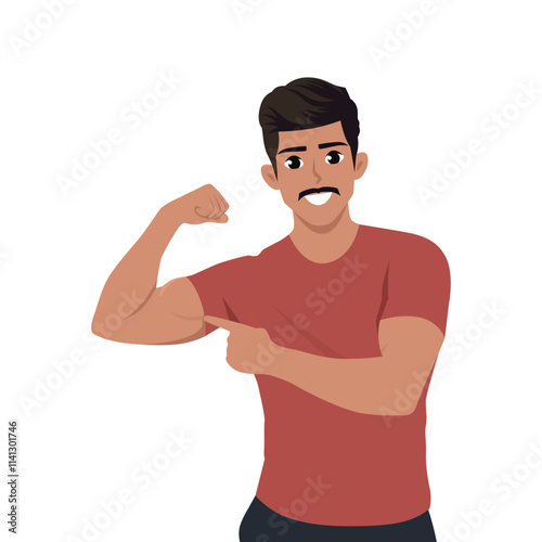 Man shows developed bicep muscle. Flat Vector character illustration