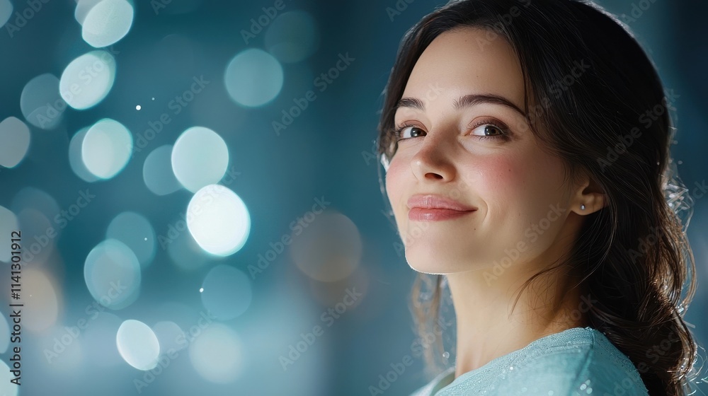 Radiant and confident brunette woman with a serene joyful smile on her face surrounded by a blurred dreamy background of shimmering ethereal lights and a calming peaceful atmosphere Radiant and confident brunette woman with a serene joyful smile on her face surrounded by a blurred dreamy background of shimmering ethereal lights and a calming peaceful atmosphere