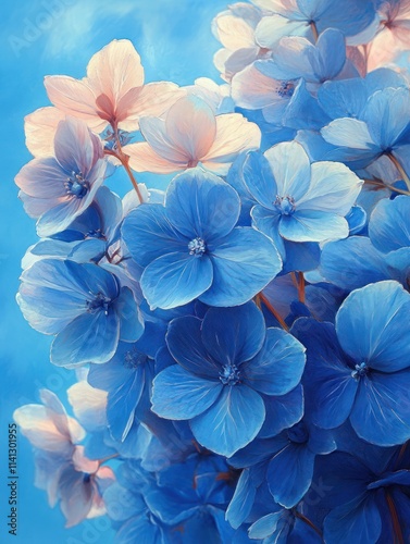 Blue Hydrangeas Under Blue Sky with White Clouds