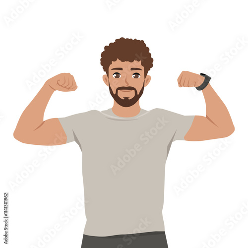Pumped up sport fitness young man. Shows muscles arms biceps. Flat Vector character illustration