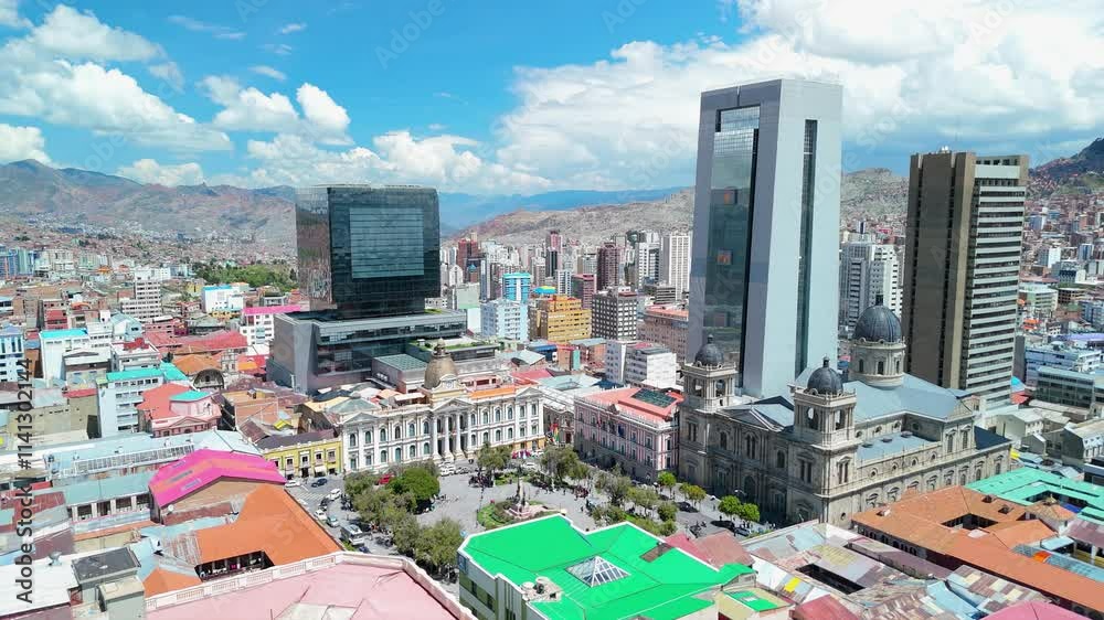 Aerial of Main Square Murillo of La Paz in Bolivia with Government Palace and Cathedral, Fly-over