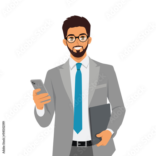 Businessman holding phone and carrying laptop. Flat Vector character illustration