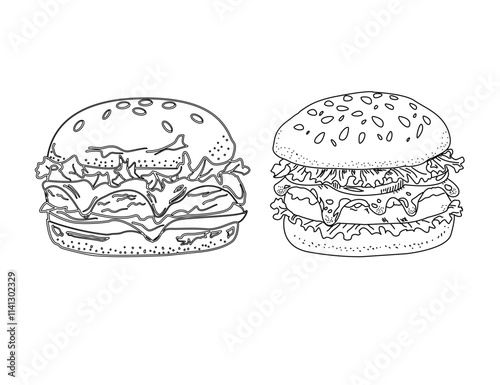 Hand drawn burger. doodle burger.  doodle fast food burger. hamburger in doodle style. Cheese Burger or Hamburger with doodle style.