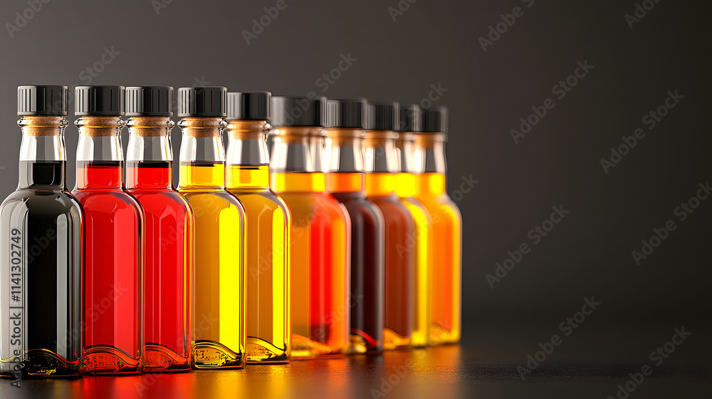A row of glass bottles filled with various colorful liquids, showcasing a gradient from light to dark shades A row of glass bottles filled with various colorful liquids, showcasing a gradient from light to dark shades