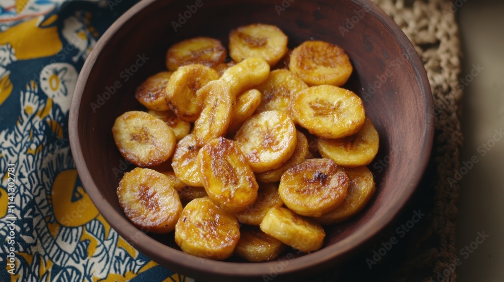 Sweet caramelized banana slices in a wooden bowl. Sweet caramelized banana slices in a wooden bowl.