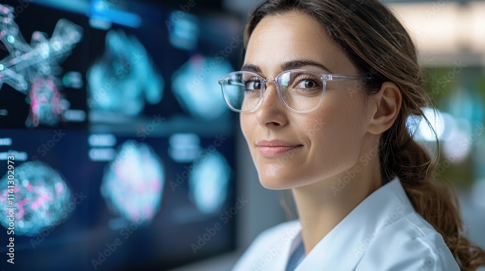 Focused female scientist in lab coat and eyeglasses examining samples and data through a microscope in a high tech laboratory environment engaged in scientific research analysis and innovation Focused female scientist in lab coat and eyeglasses examining samples and data through a microscope in a high tech laboratory environment engaged in scientific research analysis and innovation