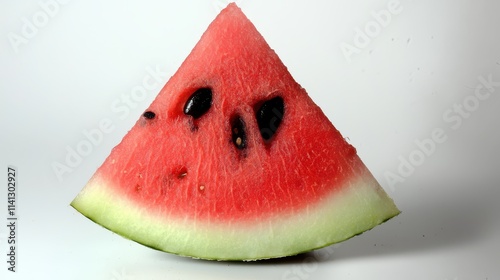 A fresh, sliced watermelon triangle isolated on a white background, showcasing its juicy red pulp, contrasting black seeds, and crisp green rind. The clean composition reflects summer, hydration, 