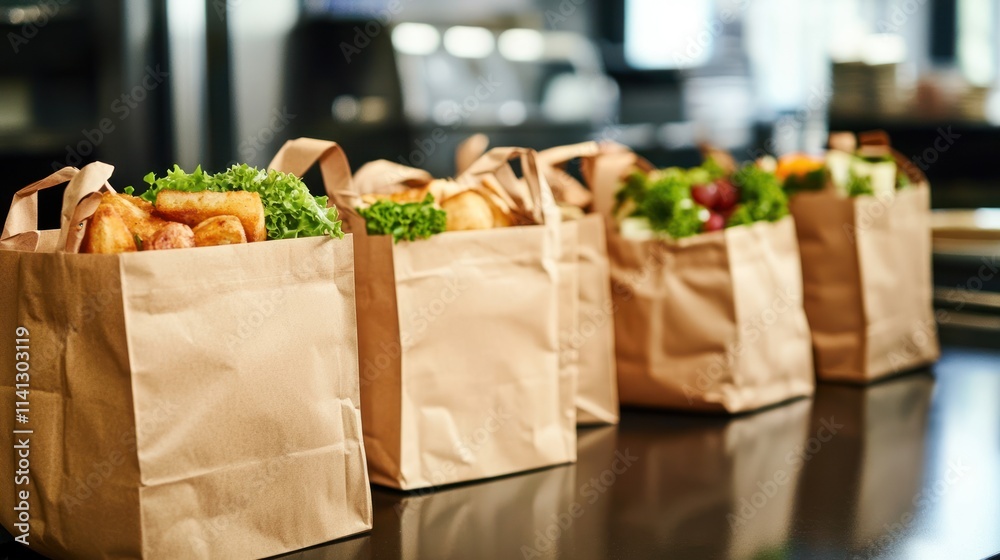 Grocery Shopping Bags Filled with Fresh Produce and Baked Goods Ready for Delivery or Pickup Grocery Shopping Bags Filled with Fresh Produce and Baked Goods Ready for Delivery or Pickup