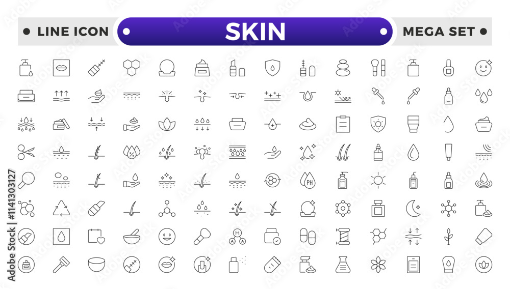 Skin care Outline icons set. Moisture cream, acid, anti wrinkle serum, ceramide, collagen, retinol compound, sunscreen vector illustration. Skin care Outline icons set. Moisture cream, acid, anti wrinkle serum, ceramide, collagen, retinol compound, sunscreen vector illustration.