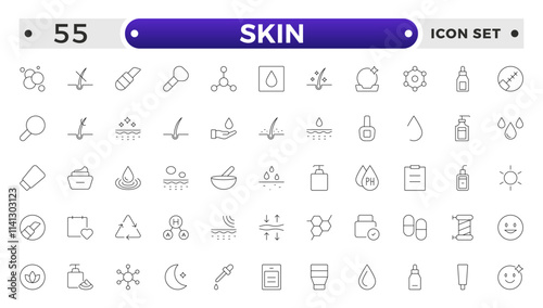 Skin care Outline icons set. Moisture cream, acid, anti wrinkle serum, ceramide, collagen, retinol compound, sunscreen vector illustration.