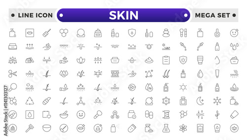 Skin care Outline icons set. Moisture cream, acid, anti wrinkle serum, ceramide, collagen, retinol compound, sunscreen vector illustration.