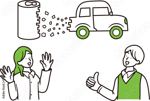アルミ缶がリサイクルされて車になっているイメージと笑顔の女性と男性のシンプルなイラスト素材