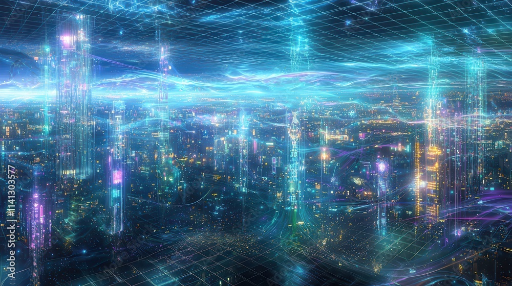 Obraz premium A futuristic holographic city skyline background with glowing skyscrapers, neon gridlines, and digital particles floating in the air. The city emits cyan, magenta, and purple lights, while soft