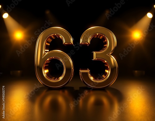 Golden number 63 on a dark stage illuminated by spotlights, creating a luxurious and celebratory atmosphere.