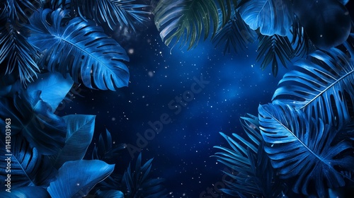 Collection of tropical leaves and foliage plants in blue shades against a space-inspired background photo