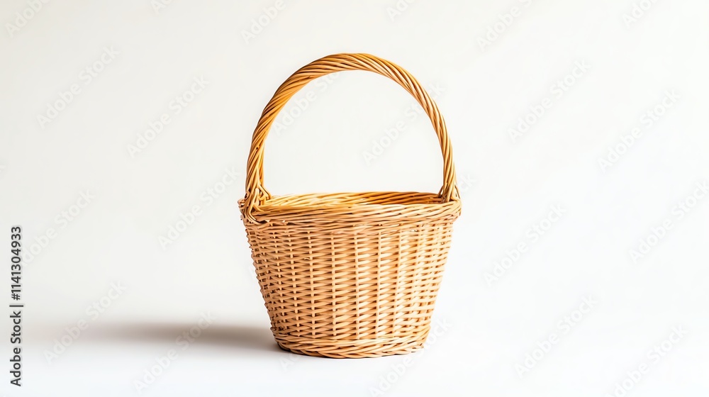 A simple, woven wicker basket with a handle, resting against a light background, ideal for storage or decoration. A simple, woven wicker basket with a handle, resting against a light background, ideal for storage or decoration.