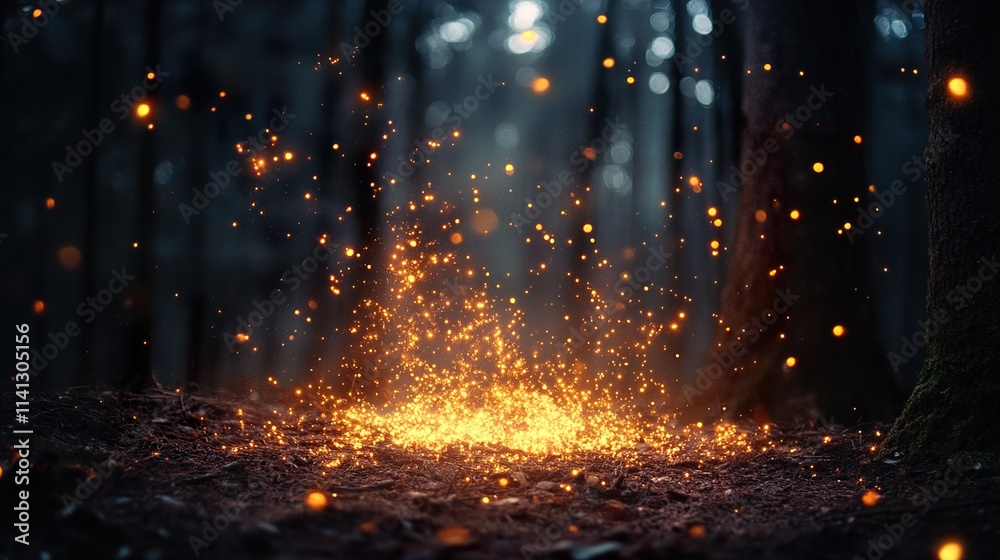 Naklejka premium Magical Forest Sparkle: Enchanting Night Landscape