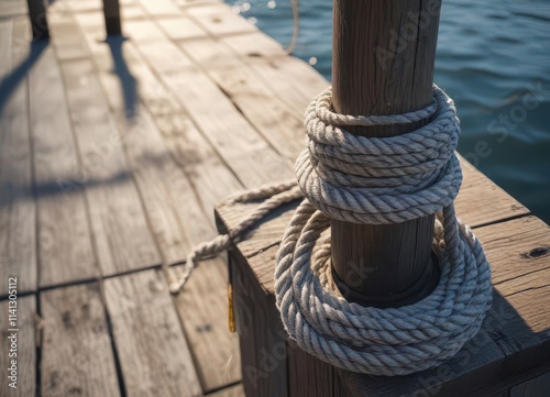 Nautical mooring rope wrapped around dock post , mooring, fishing