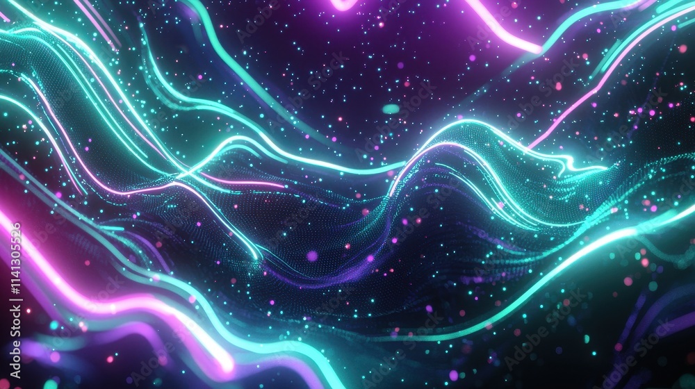 Fototapeta premium A holographic digital wave background featuring smooth flowing neon lines illuminated with shades of blue, purple, and teal. Soft floating light particles and gradient lighting effects create 