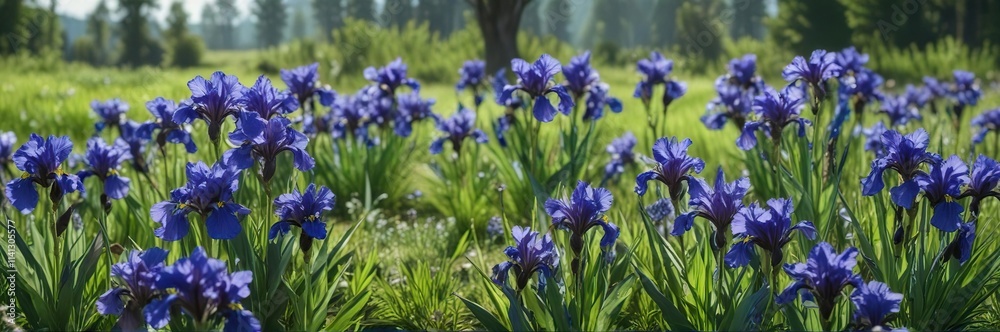 Obraz premium Blue irises growing in a lush green meadow in spring, plant stems, natural environment