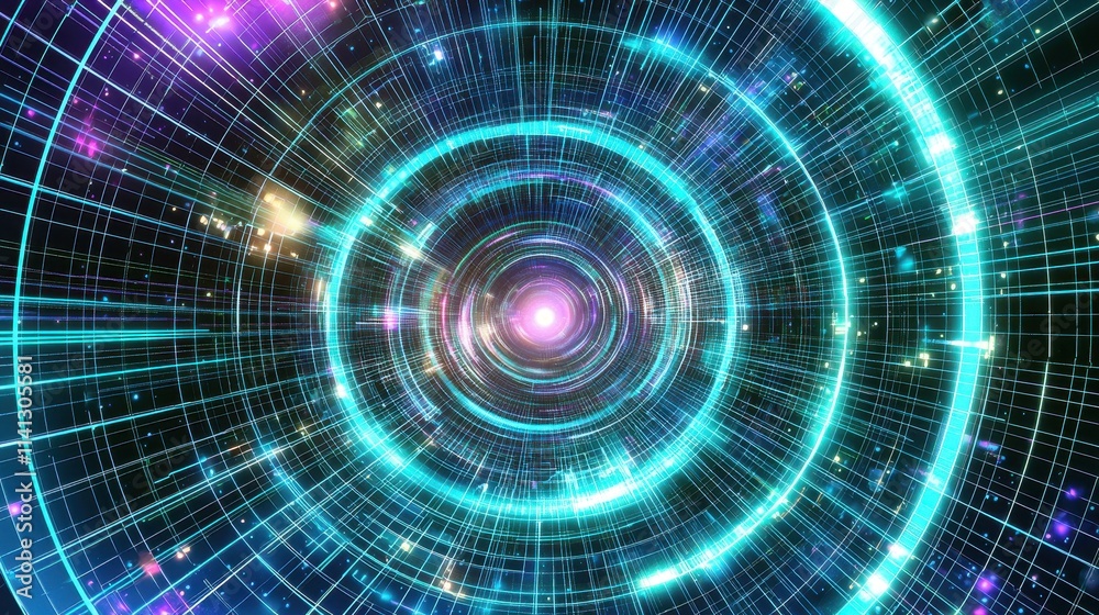 A holographic futuristic tunnel background featuring glowing concentric rings and light beams creating a sense of depth and motion. Neon colors of blue, purple, and teal radiate from the center, A holographic futuristic tunnel background featuring glowing concentric rings and light beams creating a sense of depth and motion. Neon colors of blue, purple, and teal radiate from the center,