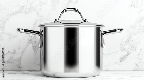 A shiny stainless steel pot with a lid, set against a marble background, ideal for cooking and kitchen decor.