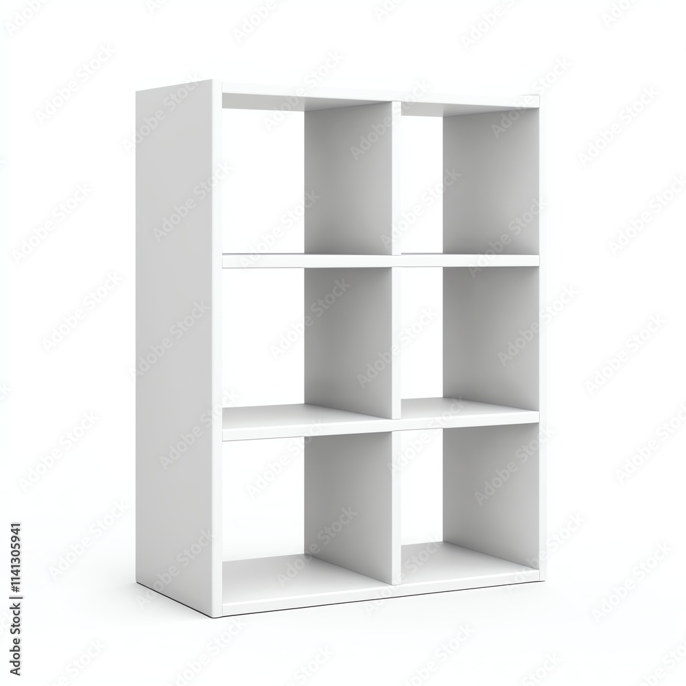 A modern white shelving unit with six open compartments, perfect for storage and organization in any living space. A modern white shelving unit with six open compartments, perfect for storage and organization in any living space.