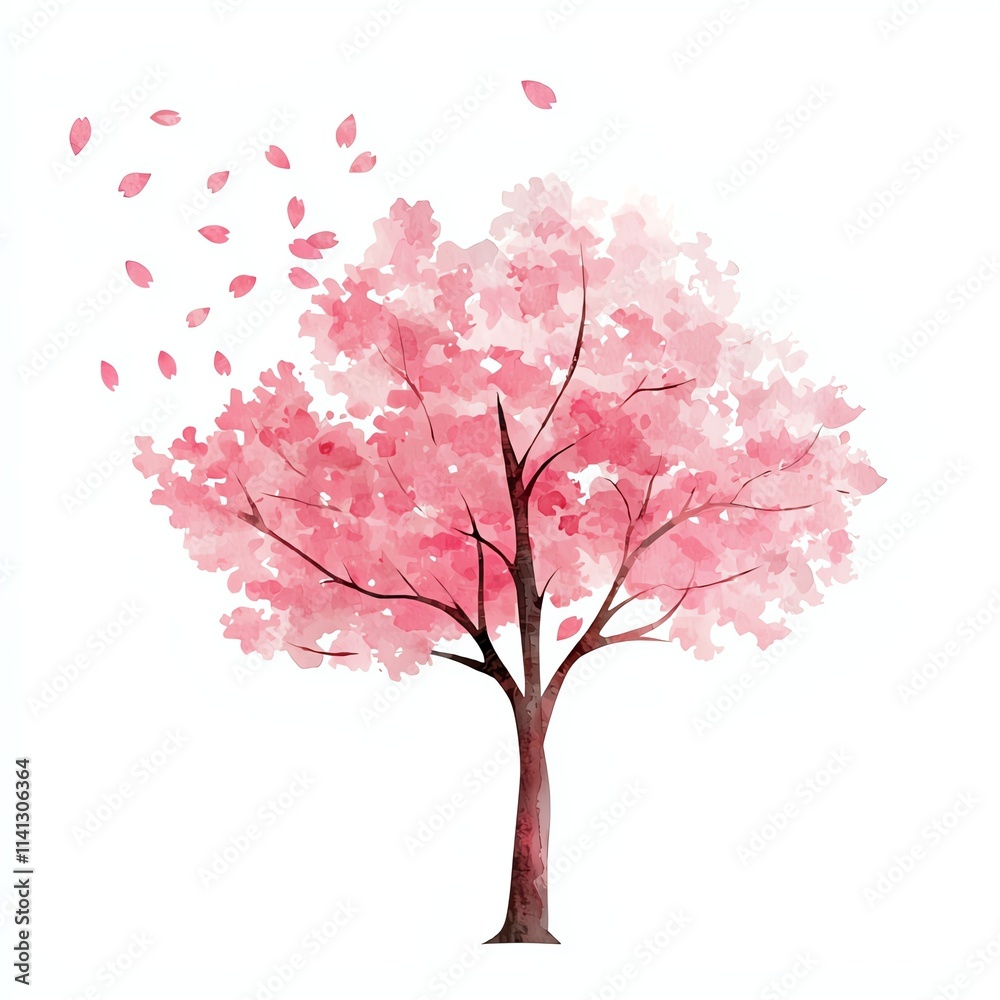 Fototapeta premium A beautiful pink flowering tree with petals falling gently, symbolizing spring and renewal.