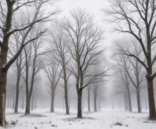 Grey and white snowflakes gently settling on bare trees,  winter,  trees