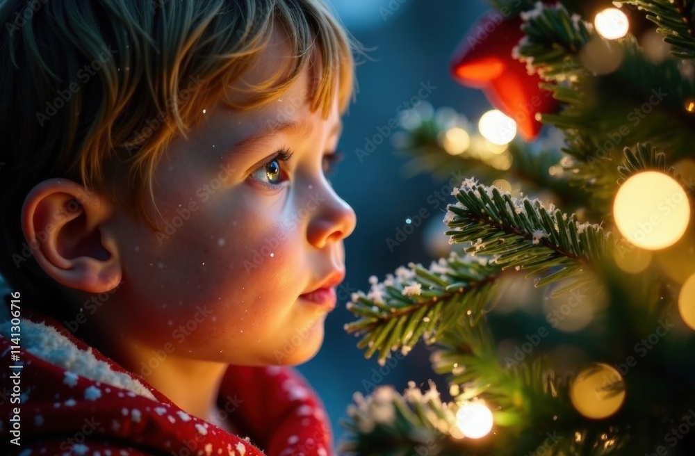 close-up face of a child looking at a Christmas tree close-up face of a child looking at a Christmas tree
