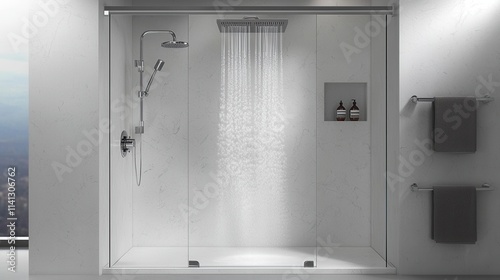 A luxury walk-in shower interior design on a white background, featuring a frameless glass enclosure, sleek wall-mounted fixtures, and a rainfall shower head. The minimalist design combines 