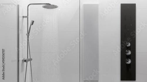 Wallpaper Mural A luxury walk-in shower interior design on a white background, featuring a frameless glass enclosure, sleek wall-mounted fixtures, and a rainfall shower head. The minimalist design combines  Torontodigital.ca