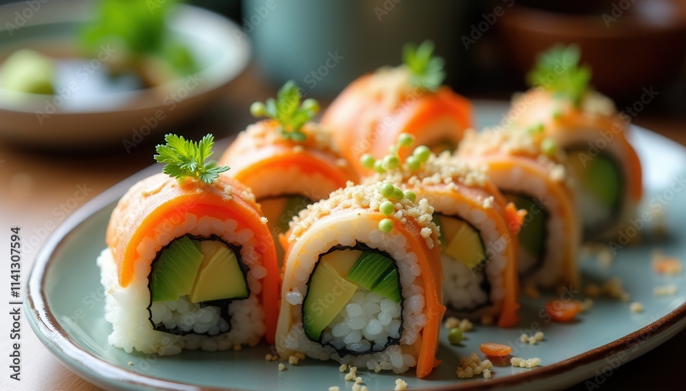 Salmon Avocado Sushi Rolls Japanese Cuisine Restaurant Food Dish Salmon Avocado Sushi Rolls Japanese Cuisine Restaurant Food Dish