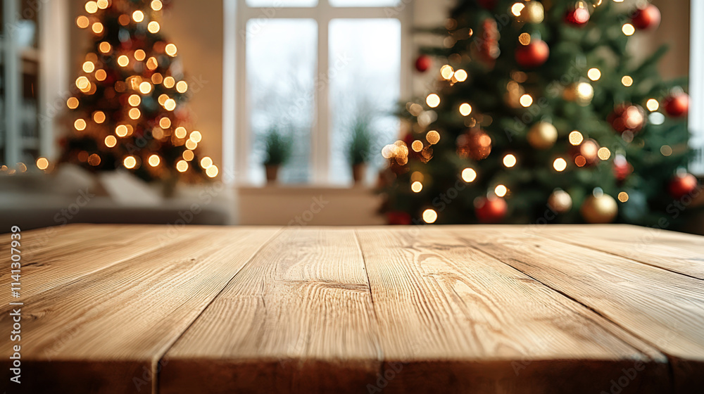 Wooden table with a blurred Christmas tree and windows in the background Wooden table with a blurred Christmas tree and windows in the background