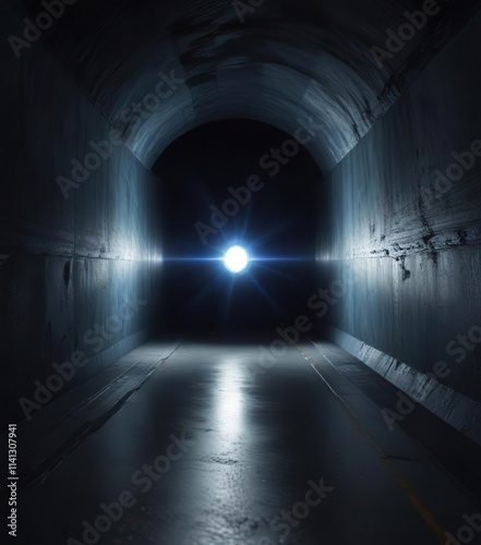 Dark blue tunnel with a faint glowing orb at the end, mystical, eerie