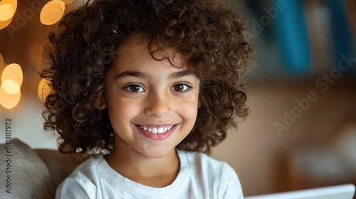 Wallpaper Mural Cheerful Curly Haired Girl Smiling Joyfully in Warm Indoor Setting with Soft Lighting and Blurred Background Torontodigital.ca