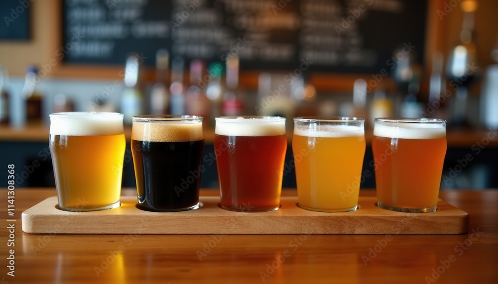 Craft Beer Flight Tasting at Brewery Pub Bar Craft Beer Flight Tasting at Brewery Pub Bar